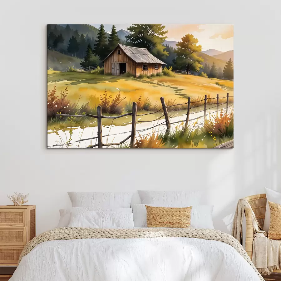 Pilt Vana puumaja maapiirkonnas, ümbritsetud rohuväljade, männipuude ja mägedega s40394