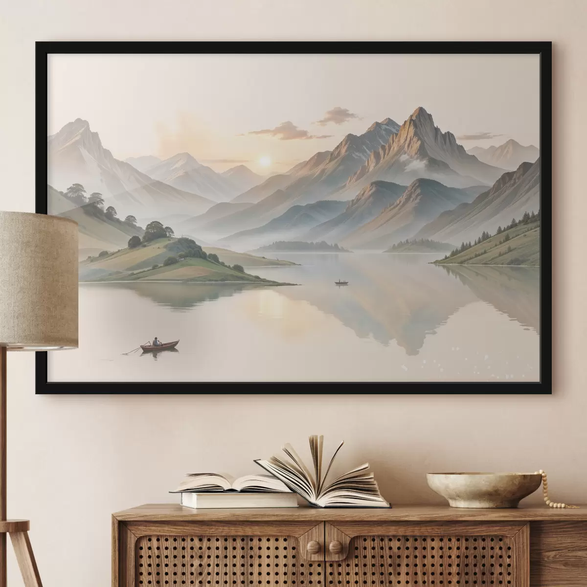 Plakat Rahulik maastik, mille taustal järv peegeldab mägesid ja väike paat vaiksel veekogul f40391