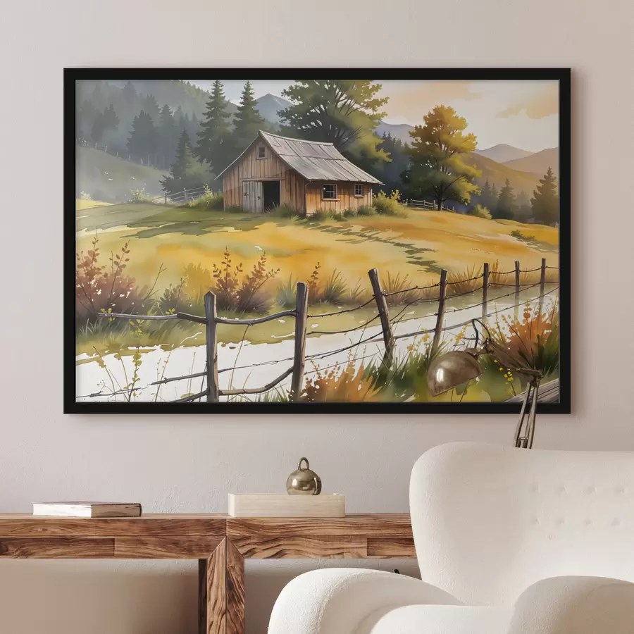 Fototapeedid Vana puumaja maapiirkonnas, ümbritsetud rohuväljade, männipuude ja mägedega f40394