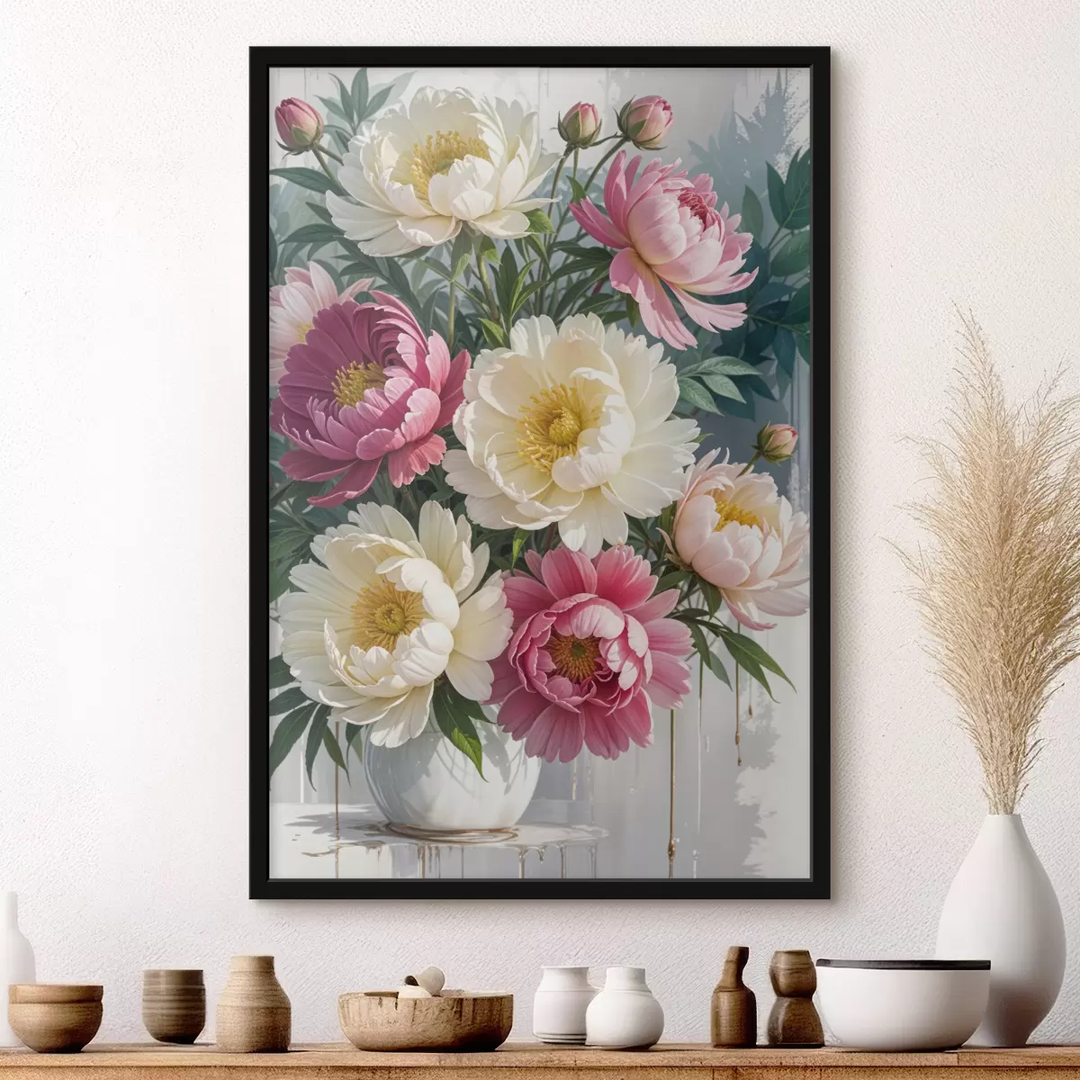 Plakat Erinevates roosade, valgete ja kollaste toonides elavate pojengide lillekimp koos värvipritsmetega f40403