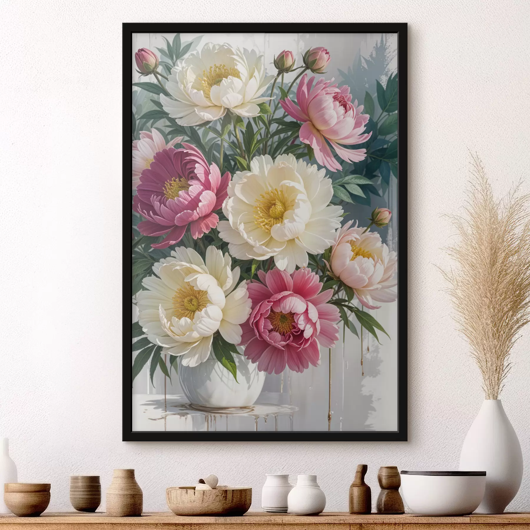 Fototapeedid Erinevates roosade, valgete ja kollaste toonides elavate pojengide lillekimp koos värvipritsmetega f40403