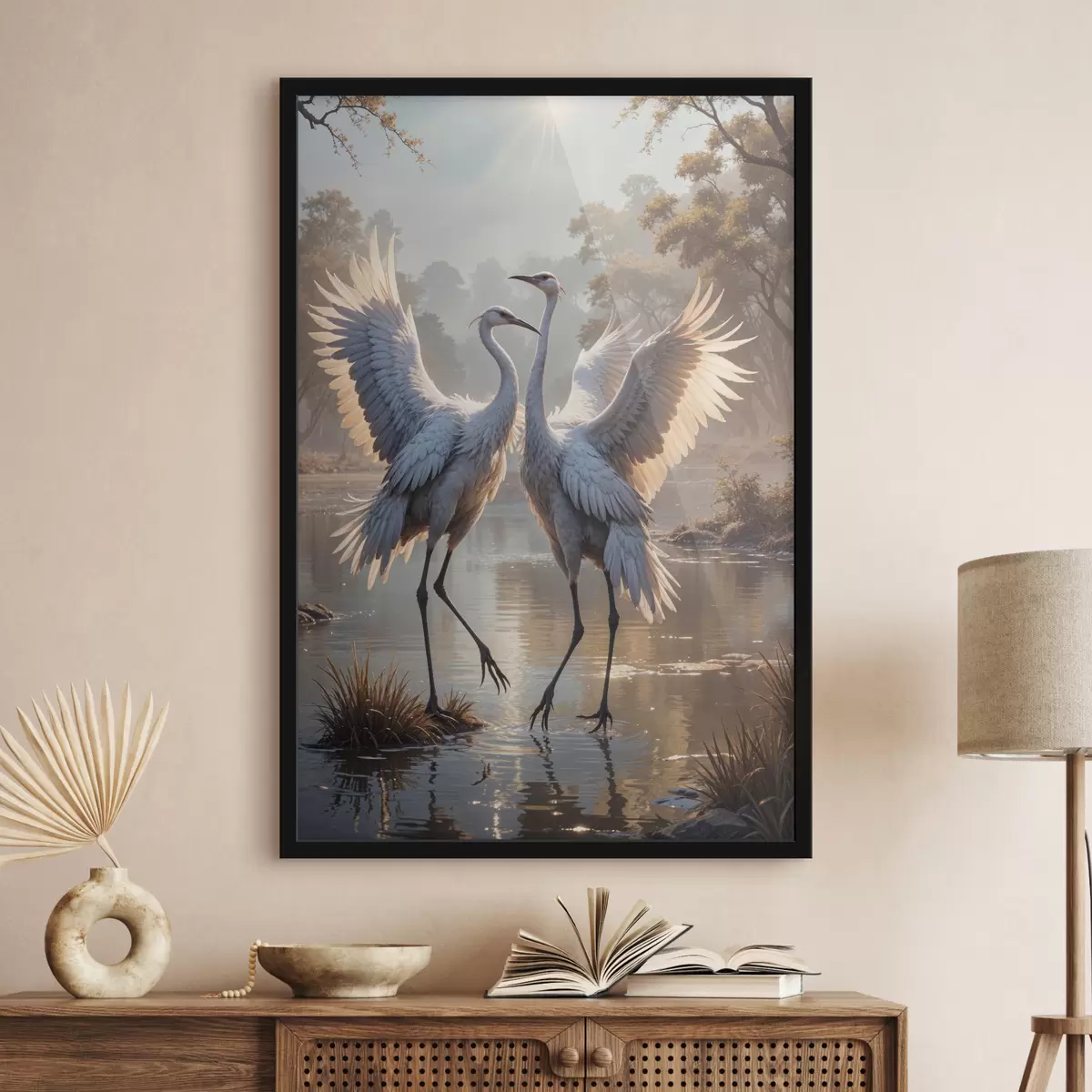 Plakat Kaks suurt halli, pikkade kaelade ja tiibadega kraanat, mis seisavad puudest ümbritsetud udujärves f40404