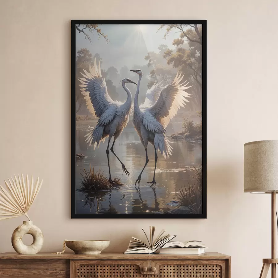 Fototapeedid Kaks suurt halli, pikkade kaelade ja tiibadega kraanat, mis seisavad puudest ümbritsetud udujärves f40404