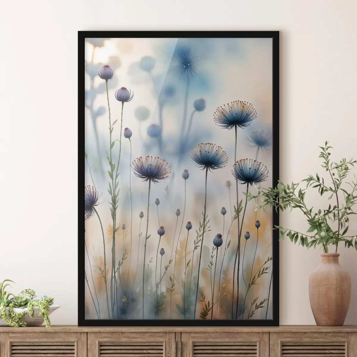 Plakat Kõrged lillad võililletaolised õied hägusa taustaga, mis loovad rahuliku ja unistava atmosfääri f40414