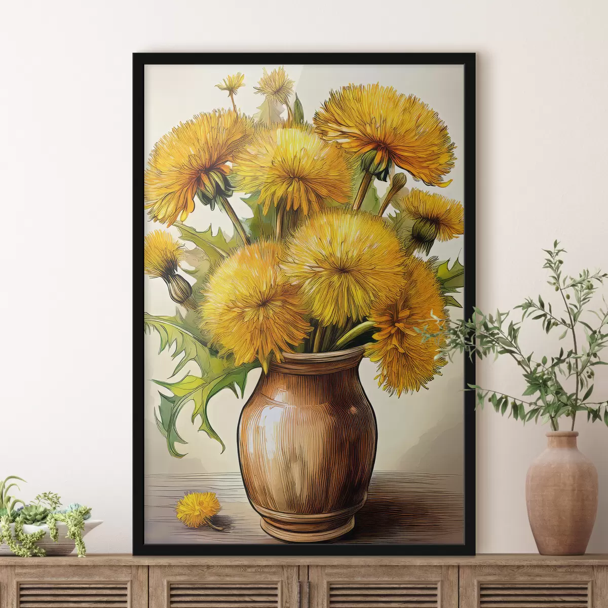 Plakat võililled, võilillebukett vaasis, kollased võililled f40418