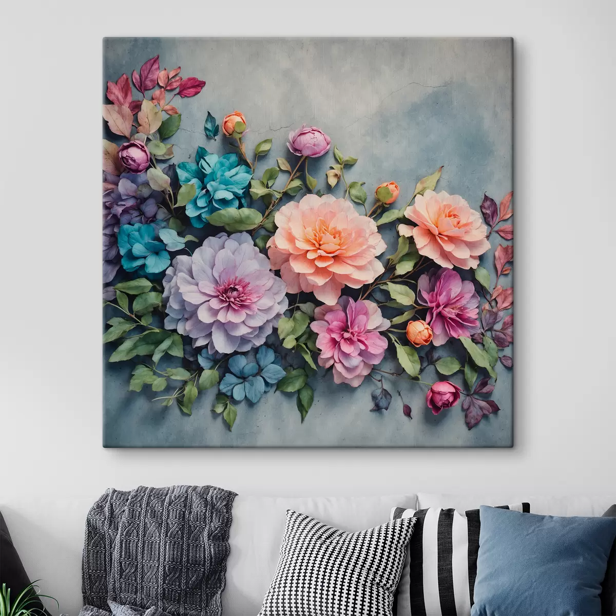 Pilt Lilled ja lehed sinisel taustal s40346