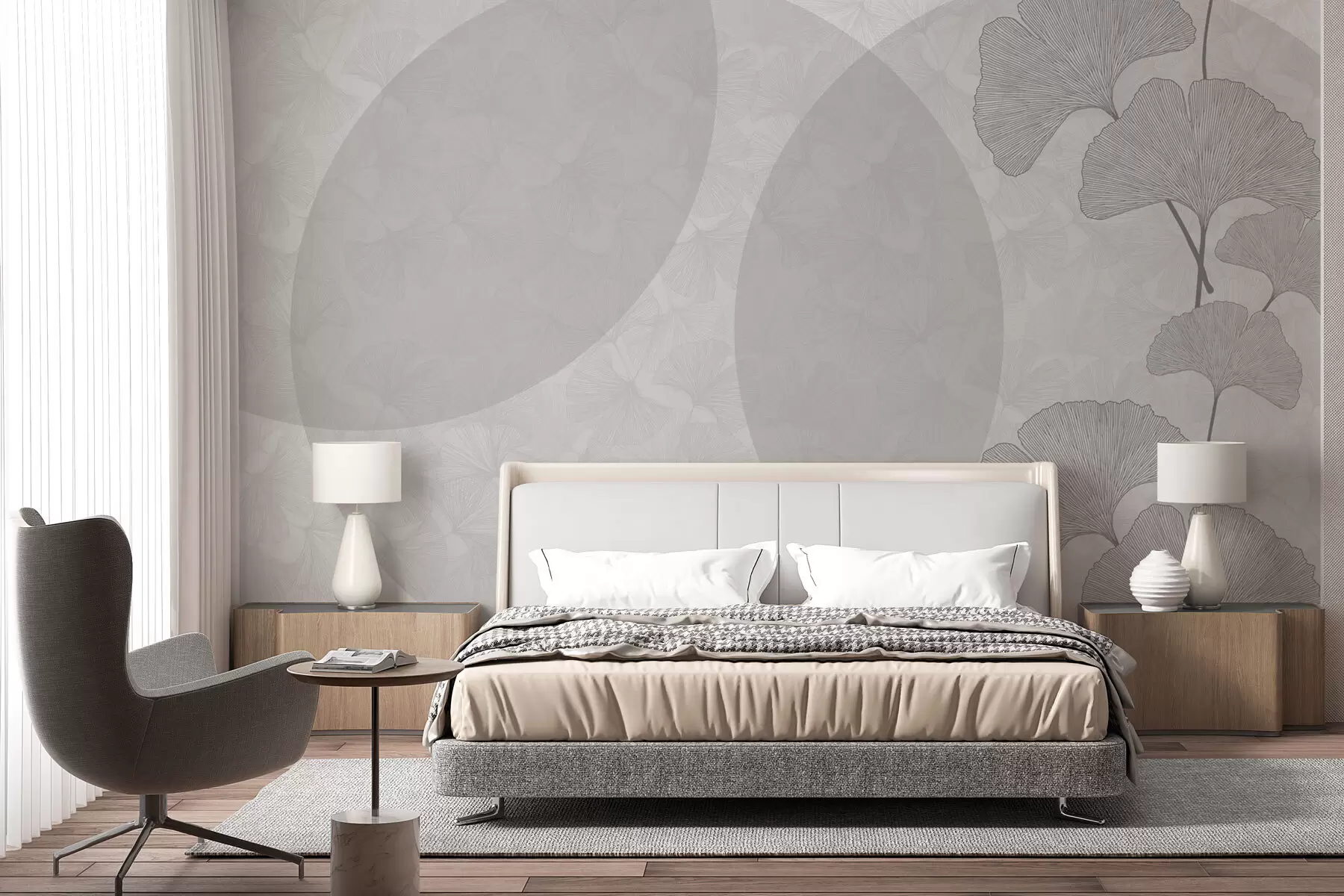 Fototapeedid Suured hõlmikpuu lehed ja geomeetria hall värv w01465v3