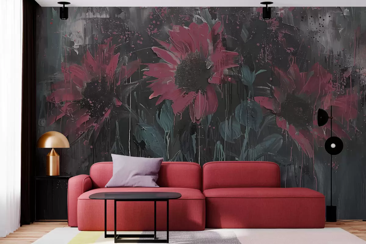 Fototapeedid Abstraktne päevalillepilt, tumehall taust ja punakasroosad toonid w01480v1