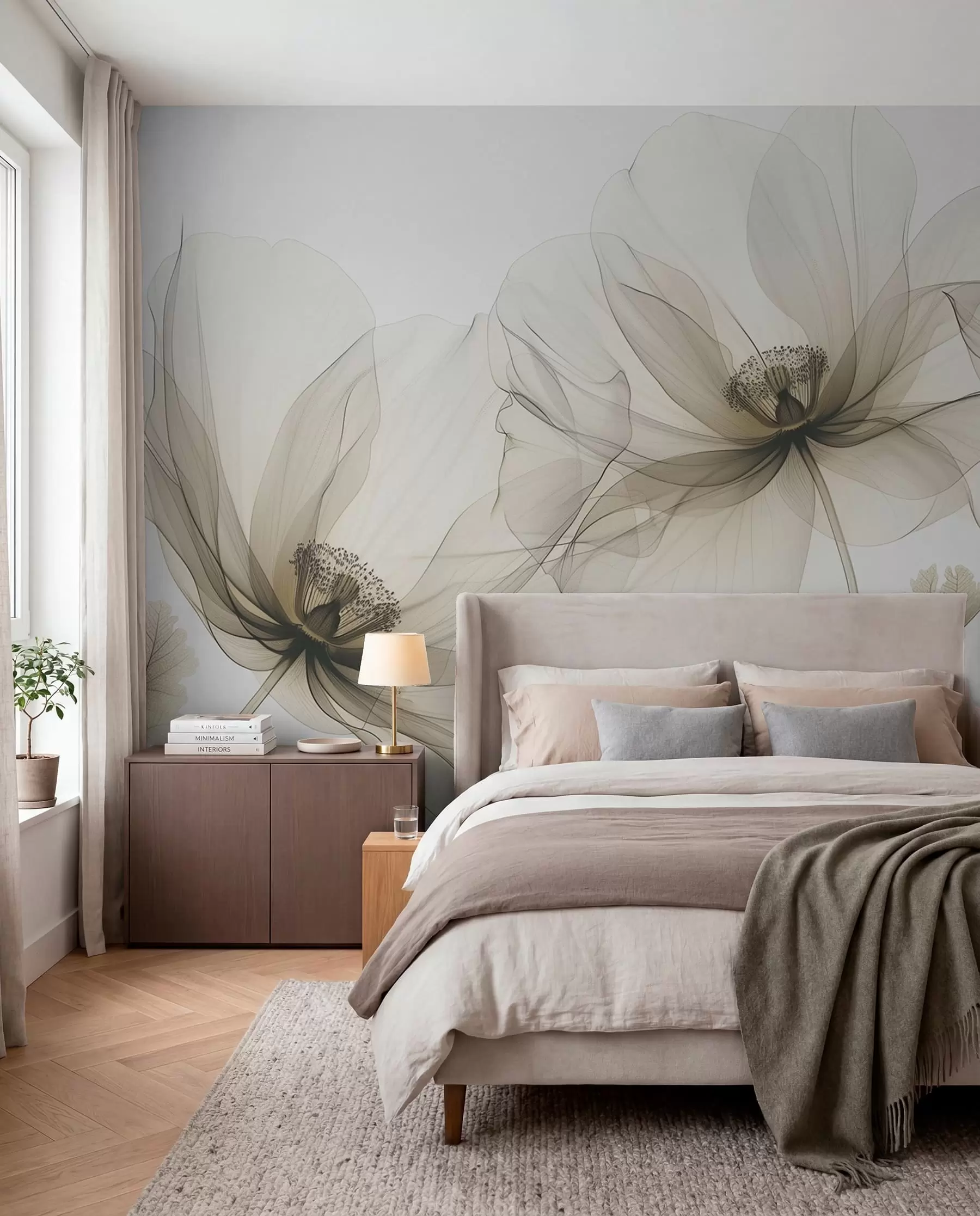 Fototapeedid Pruun läbipaistev röntgenstiilis lill valgel taustal Minimalistlik ühevärviline botaaniline disain w01482v2