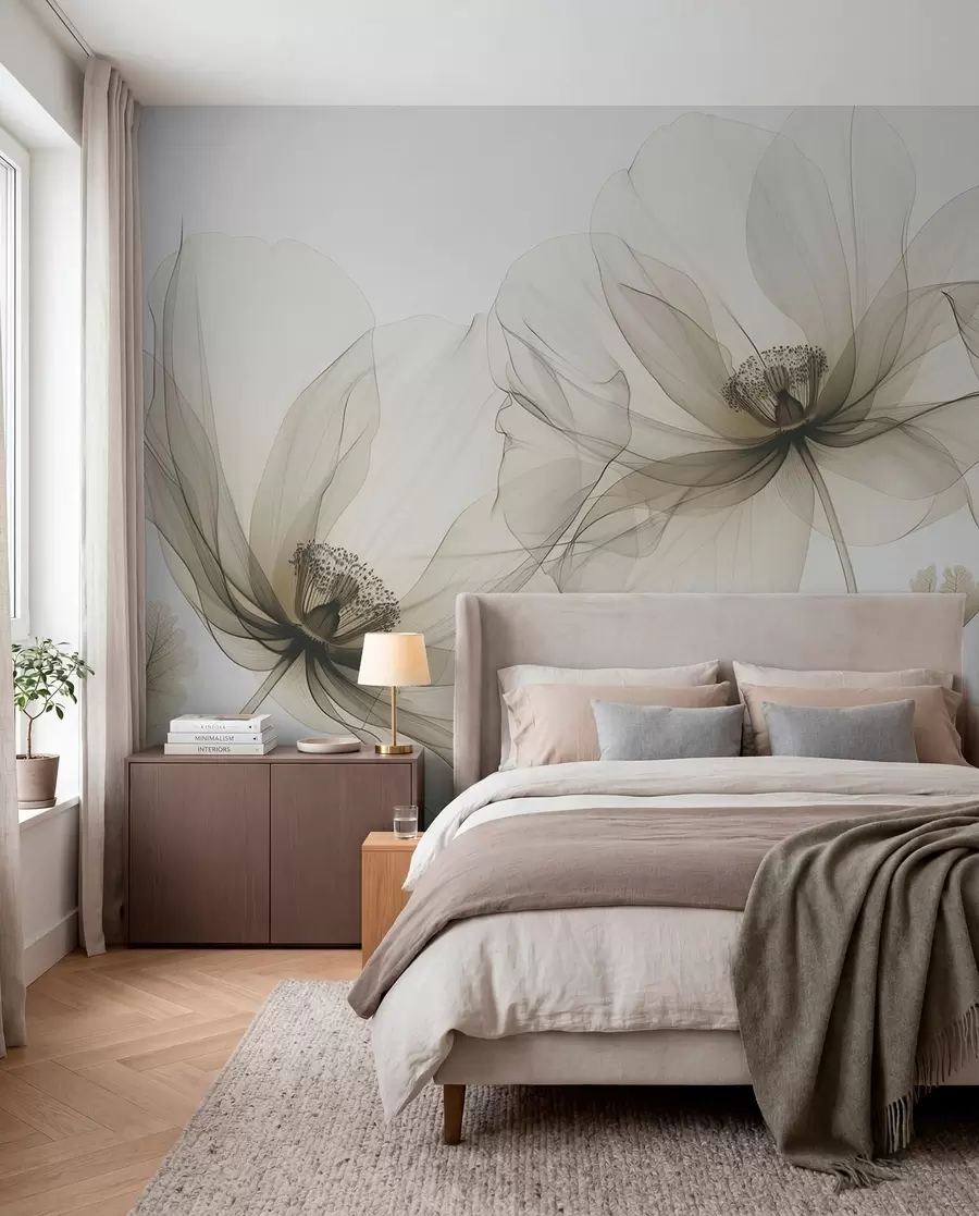 Fototapeedid Pruun läbipaistev röntgenstiilis lill valgel taustal Minimalistlik ühevärviline botaaniline disain w01482v2