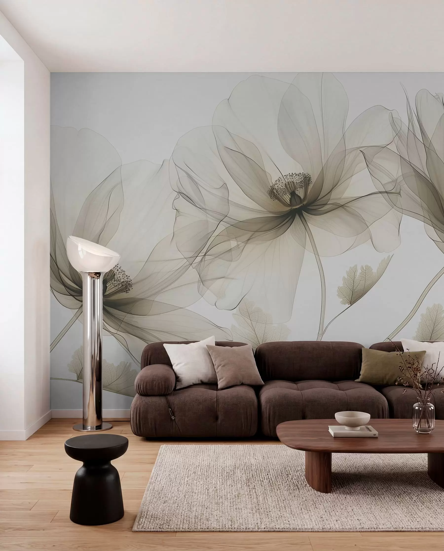 Fototapeedid Pruun läbipaistev röntgenstiilis lill valgel taustal Minimalistlik ühevärviline botaaniline disain w01482v2