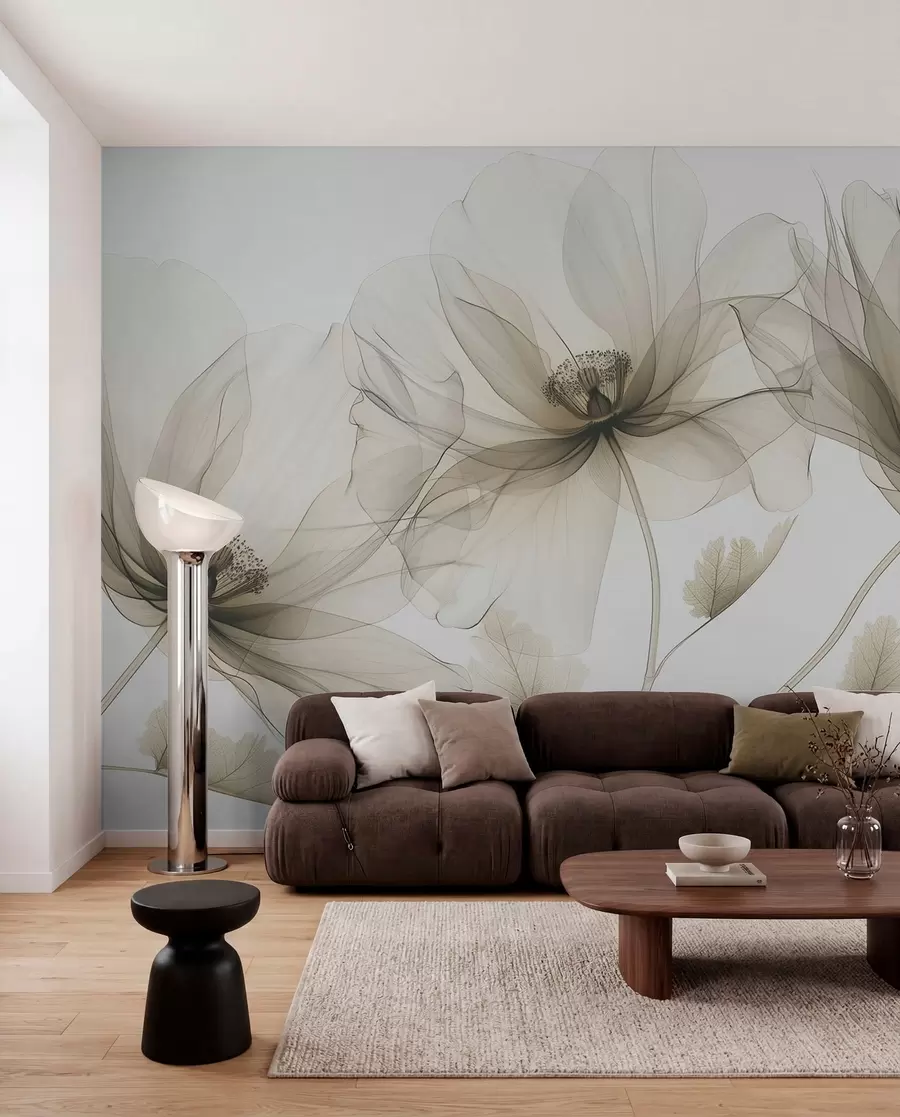 Fototapeedid Pruun läbipaistev röntgenstiilis lill valgel taustal Minimalistlik ühevärviline botaaniline disain w01482v2