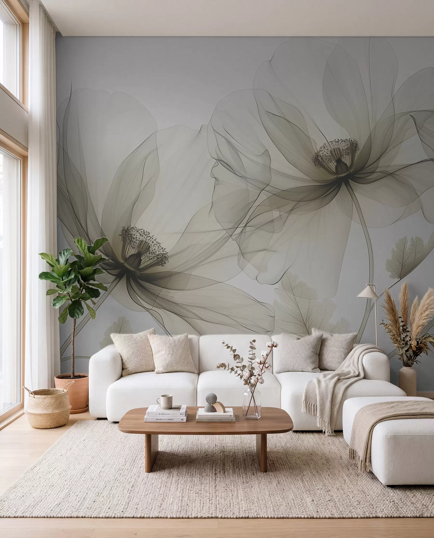 Fototapeedid Pruun läbipaistev röntgenstiilis lill valgel taustal Minimalistlik ühevärviline botaaniline disain w01482v2