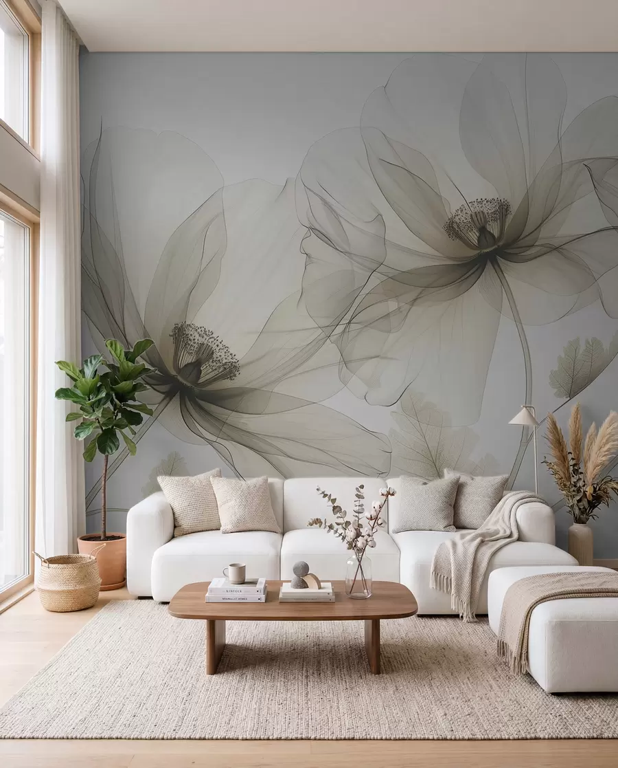 Fototapeedid Pruun läbipaistev röntgenstiilis lill valgel taustal Minimalistlik ühevärviline botaaniline disain w01482v2