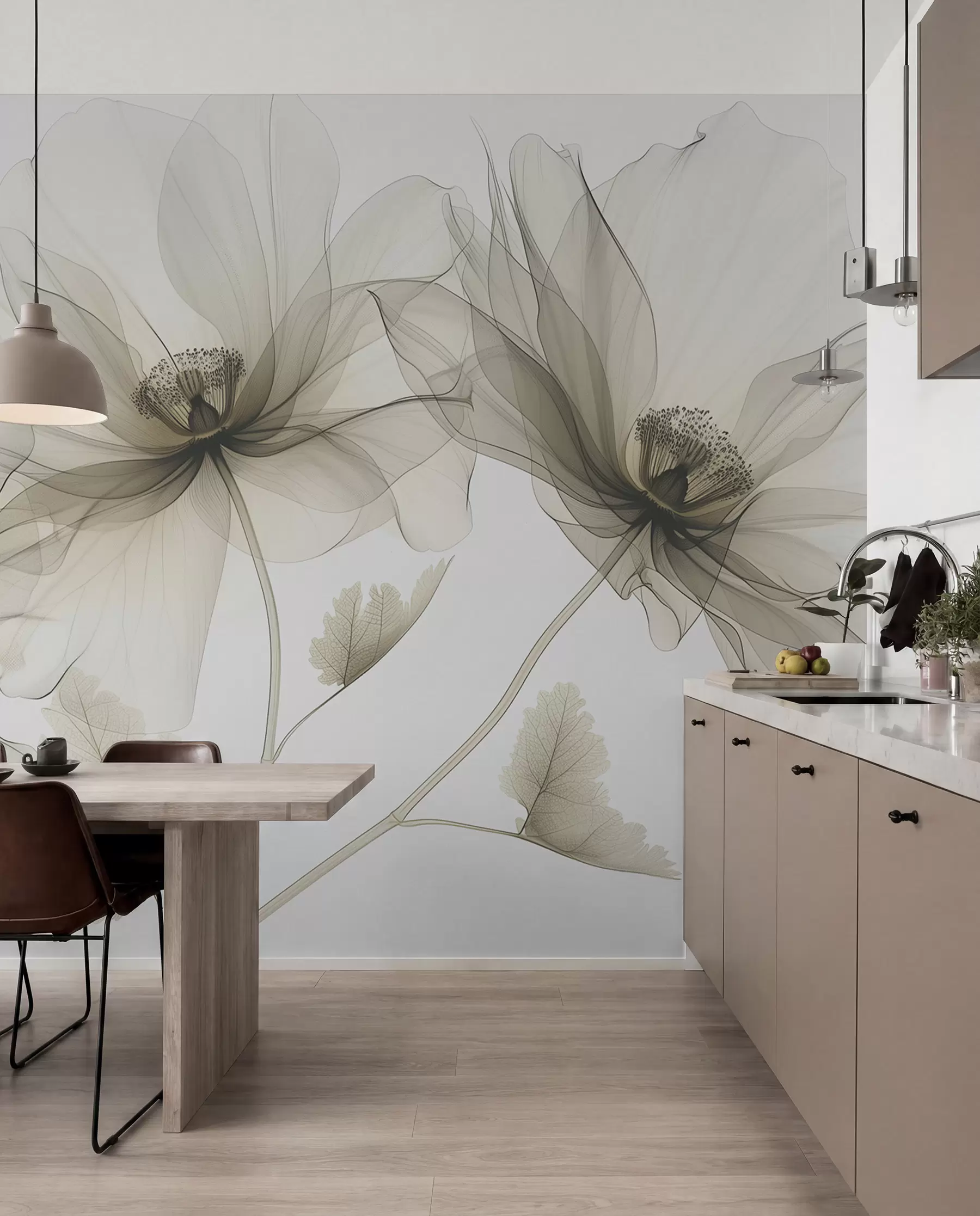 Fototapeedid Pruun läbipaistev röntgenstiilis lill valgel taustal Minimalistlik ühevärviline botaaniline disain w01482v2