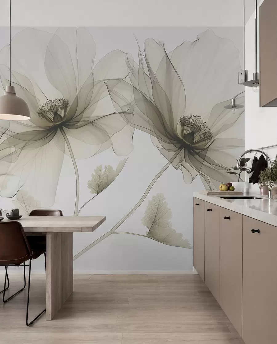 Fototapeedid Pruun läbipaistev röntgenstiilis lill valgel taustal Minimalistlik ühevärviline botaaniline disain w01482v2