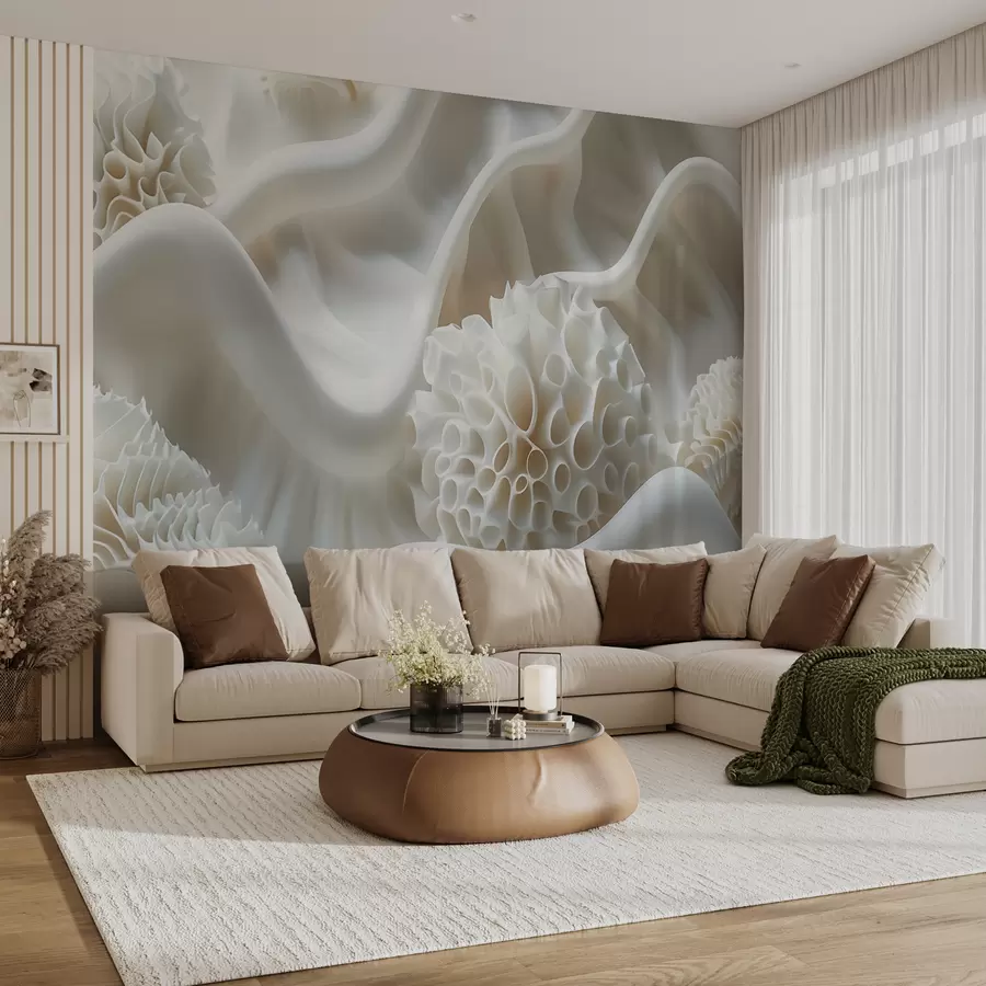 Fototapeedid 3D-stiilis valgete kujundite abstraktne laineline taust w01475