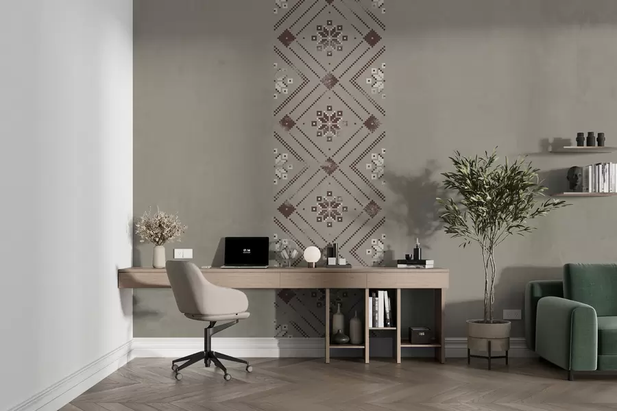 Fototapeedid Isamaalise tekstuuriga tapeet pruunides toonides minimalistliku Ukraina stiilis ornamentiga w01027v1