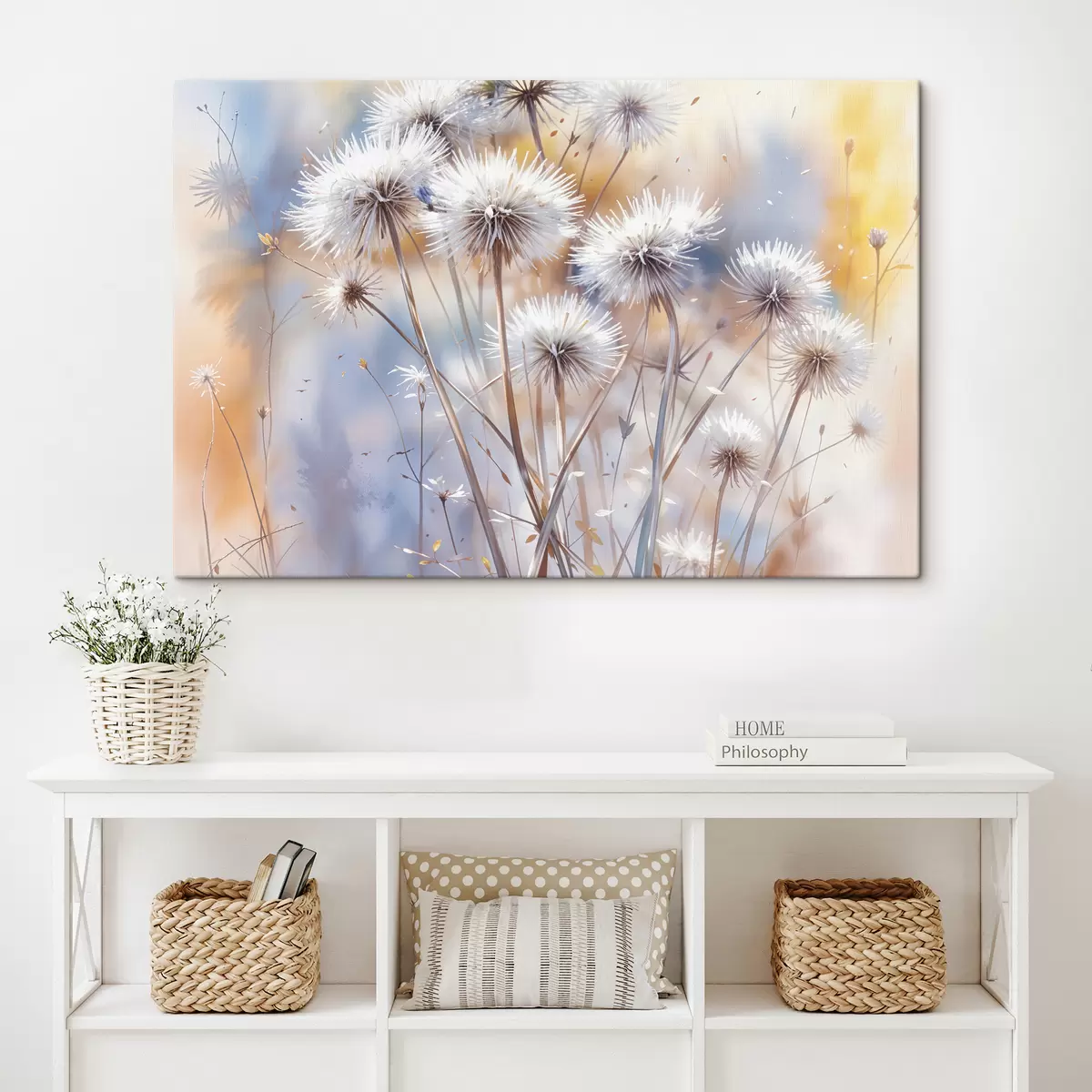 Pilt Kohevad valged võililleõied udusel akvarelltaustal sooja valgustusega s40541