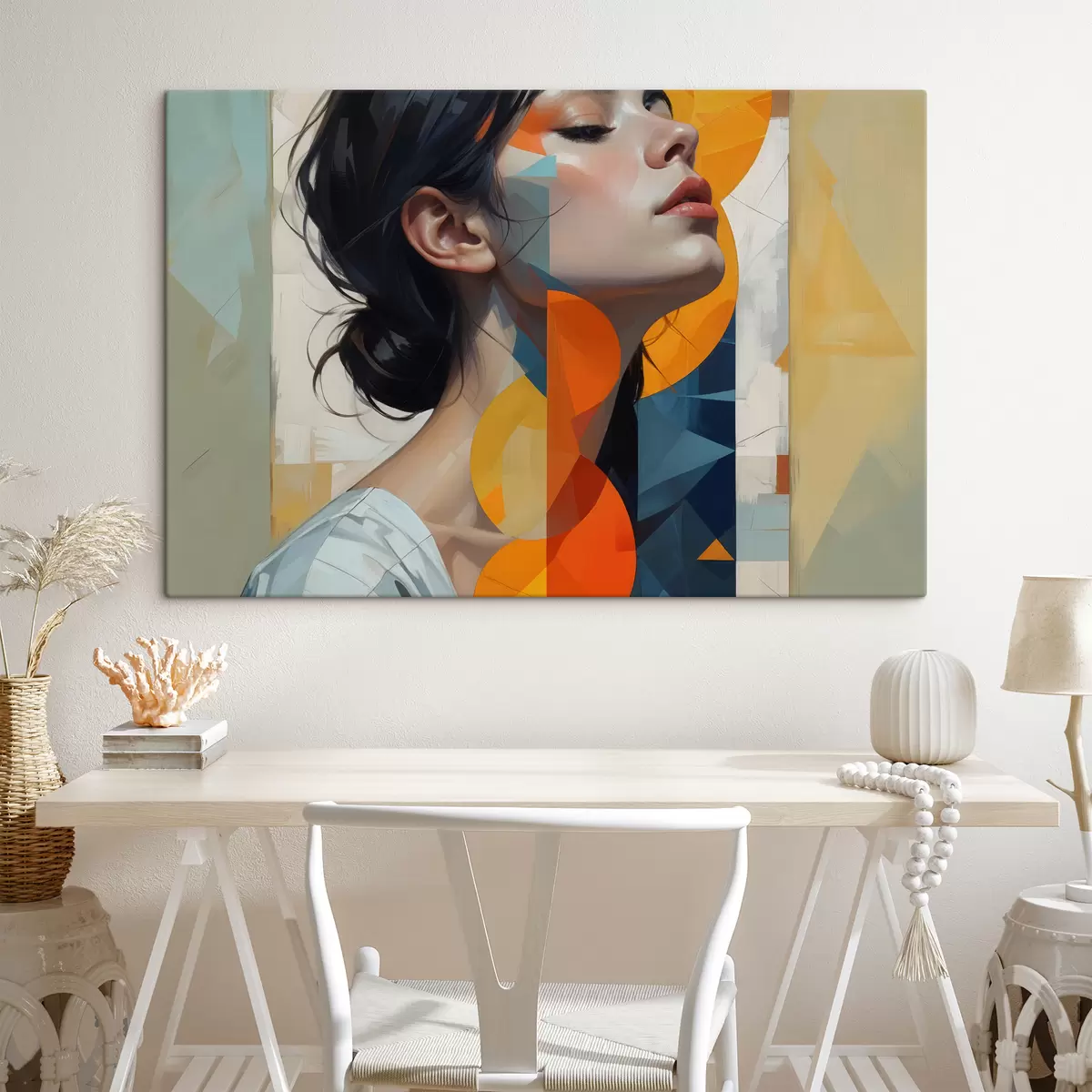 Pilt Abstraktne maal pikkade tumedate juustega naisest, kes kannab värvilise geomeetrilise trükiga valget särki s40543