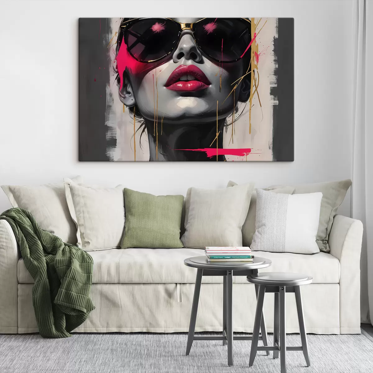 Pilt Abstraktne portree noorest naisest päikeseprillides roosade huulte ja abstraktsete kujundite ja roosa pritsmetega  s40558