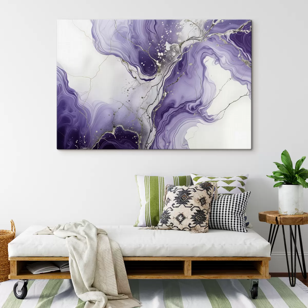 Pilt Abstraktne vedel kunstkompositsioonitrükk keerleva lilla, valge ja halli tindiga s40566