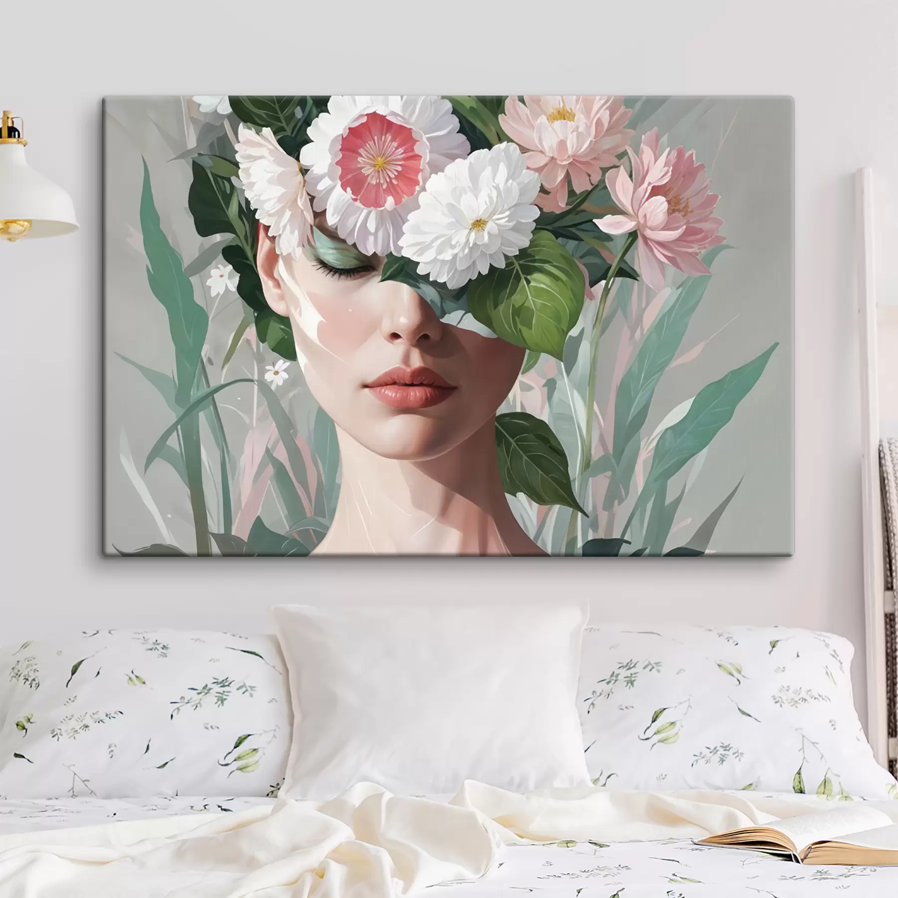 Pilt Naine, keda varjab osaliselt suurte roosade ja valgete lillede kimp rohelisel lehtedel taustal s40567