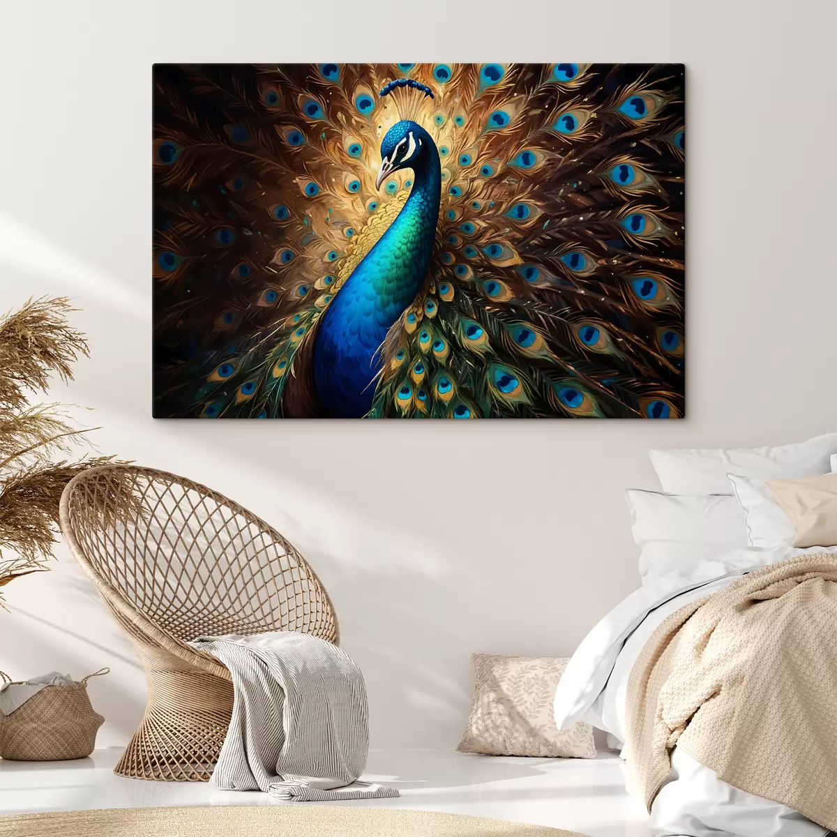 Pilt Täielikult eksponeeritud sulgedega elav paabulind, mis näitab oma vapustavat sinist, rohelist sulestiku s40571