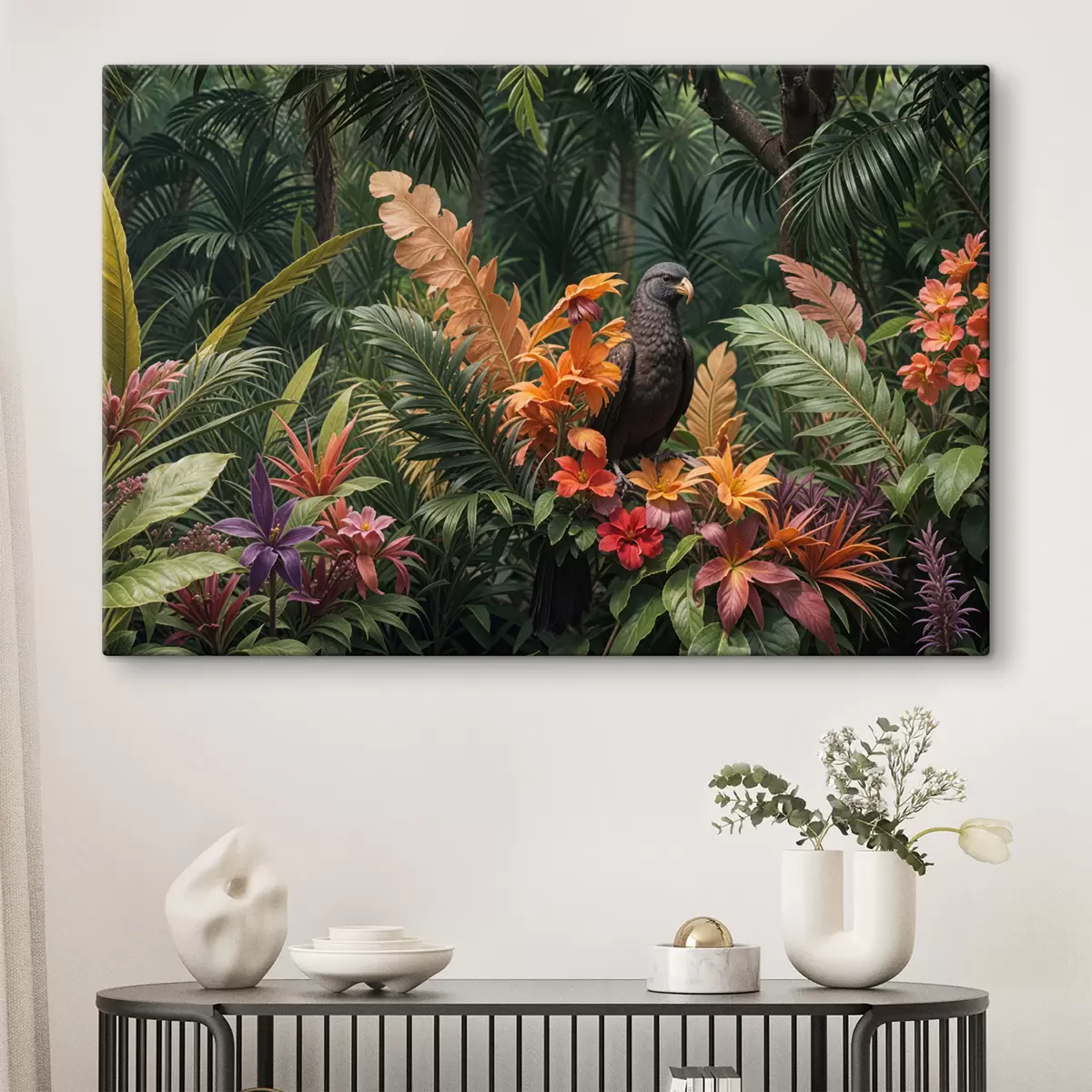 Pilt Troopiline lind istub oksal, mida ümbritseb elav lehestik, palmilehed, lilled ja eksootilised taimed s40578