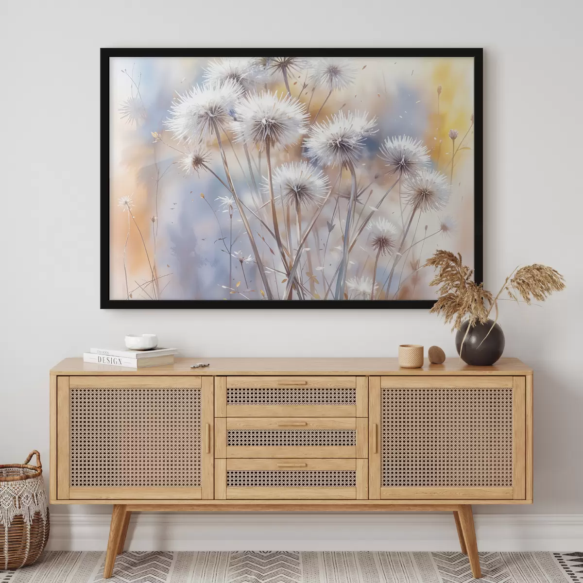 Plakat Kohevad valged võililleõied udusel akvarelltaustal sooja valgustusega f40541