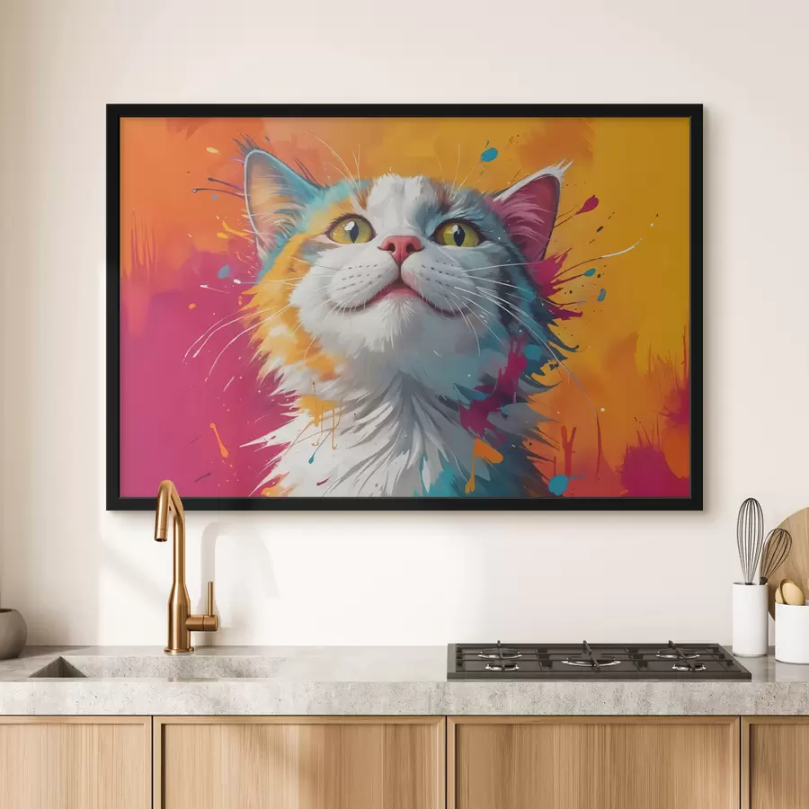 Fototapeedid Valge ja oranži tabby kassi lähiportree elavate värviliste värvipritsmetega f40547