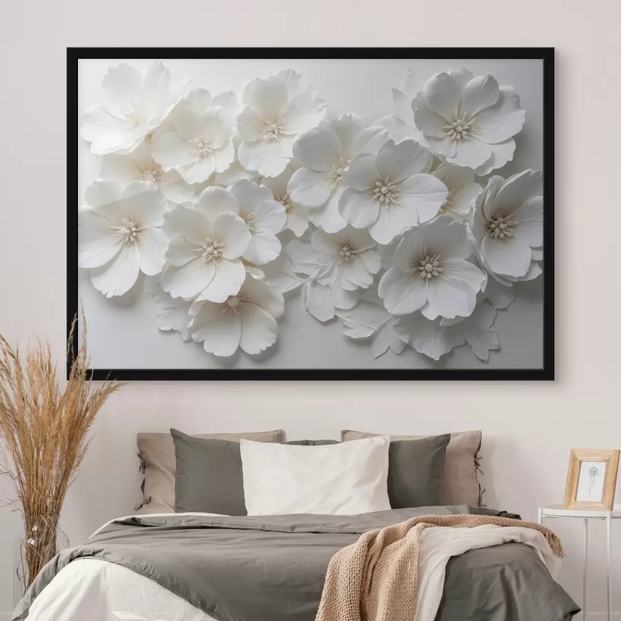 Fototapeedid Valged lilled õrnade kroonlehtedega, mis on paigutatud kauni lillemustriga heledal taustal f40548