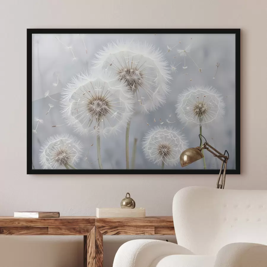 Fototapeedid Valged võililleõied kohevate seemnetega ähmasel hallil taustal f40556