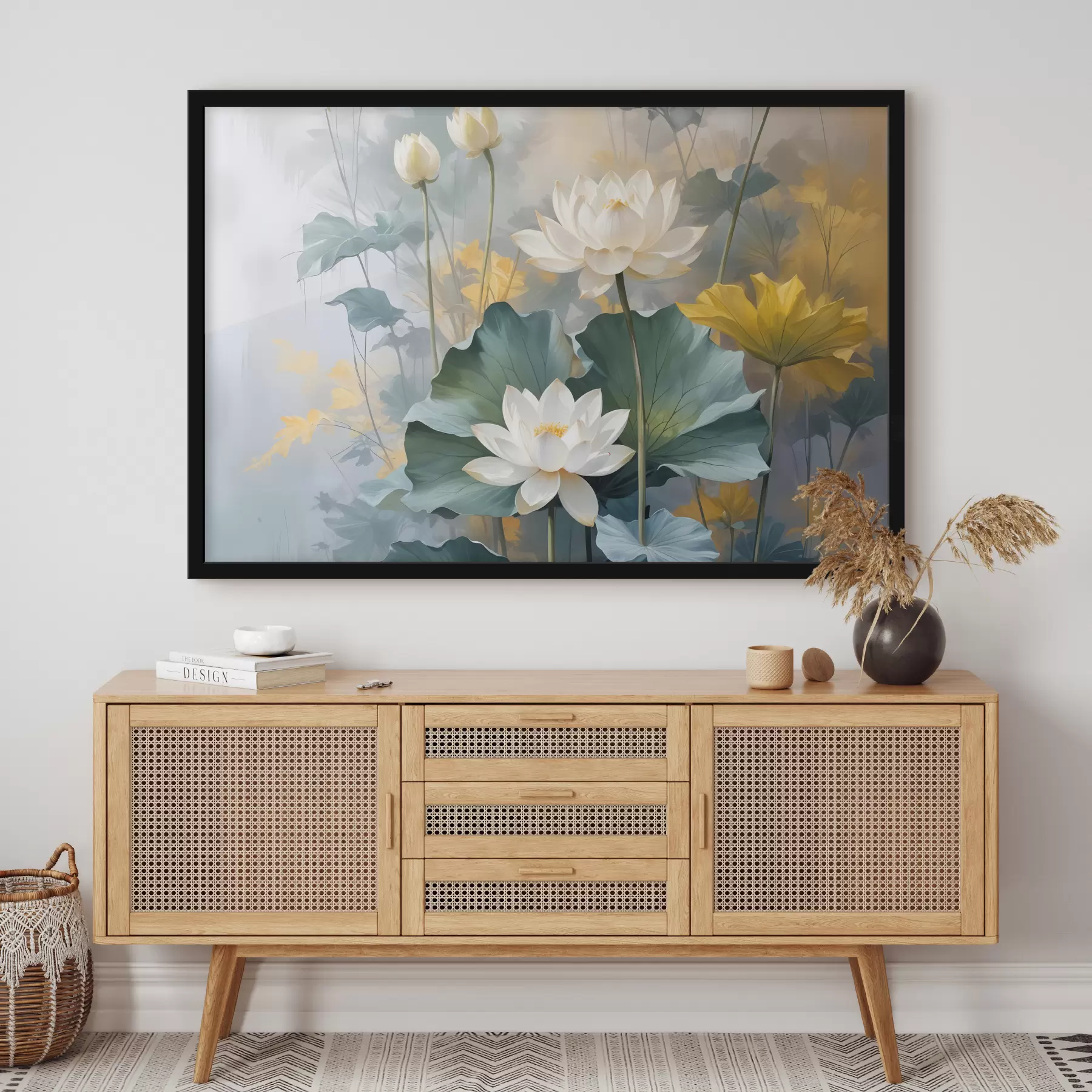 Fototapeedid Valged lootoseõied roheliste liiliapatjadega tiigis, mida ümbritsevad kollased õied ja ähmane taust f40559