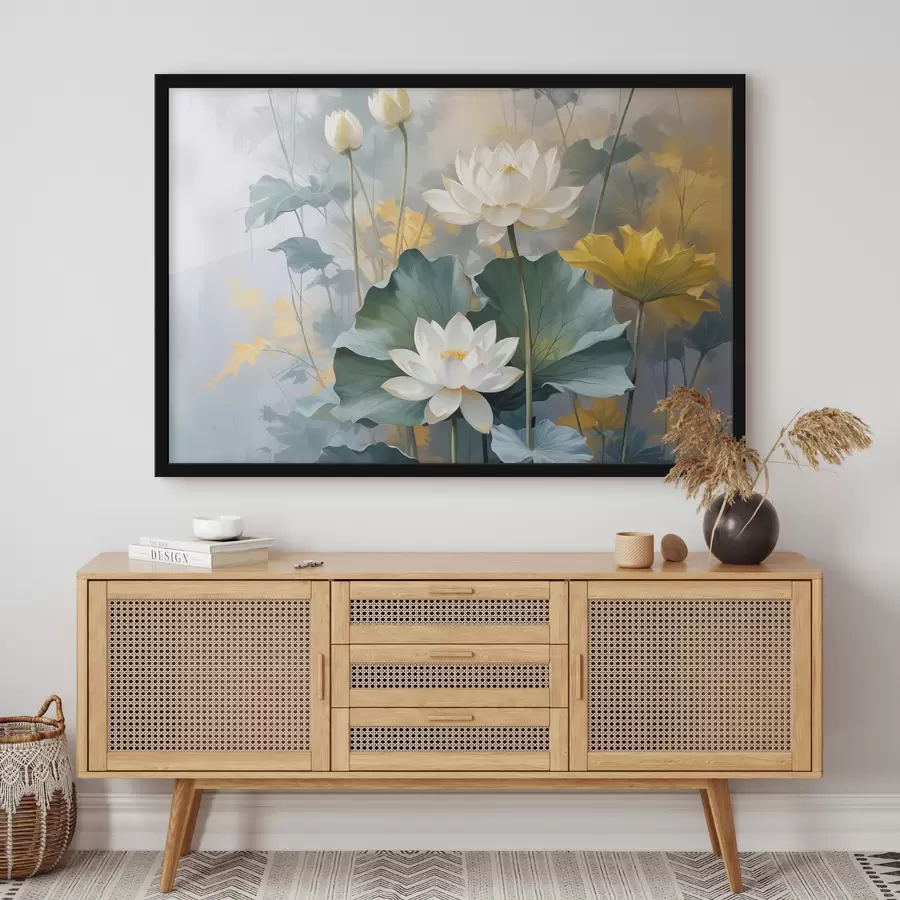 Fototapeedid Valged lootoseõied roheliste liiliapatjadega tiigis, mida ümbritsevad kollased õied ja ähmane taust f40559