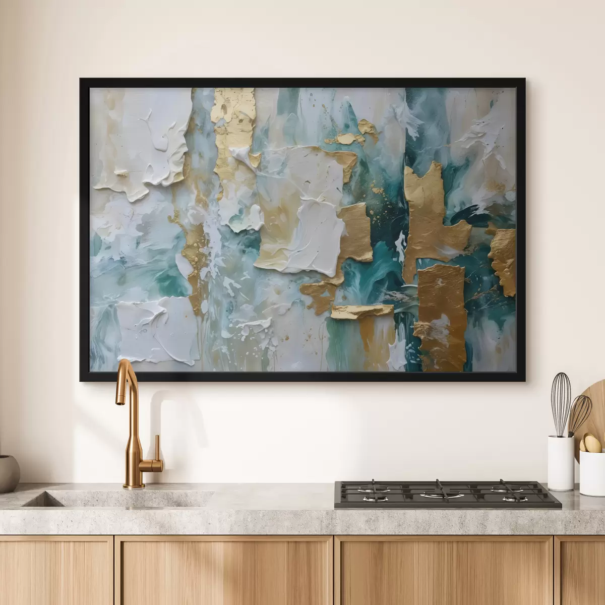 Plakat Valge, sinise ja kollase värvi kihtidega kooriv värv, mis loob abstraktse, tekstureeritud trükise f40577