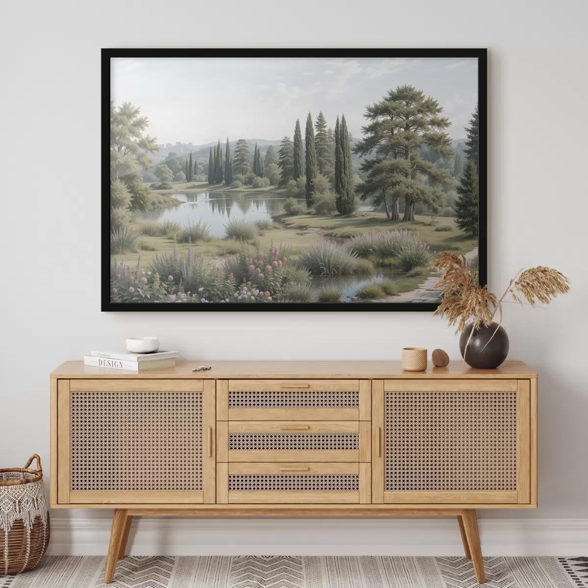 Plakat Rahulik maastik rahuliku järvega, mida ümbritsevad männipuud, küpressid ja muu lopsakas taimestik f40579