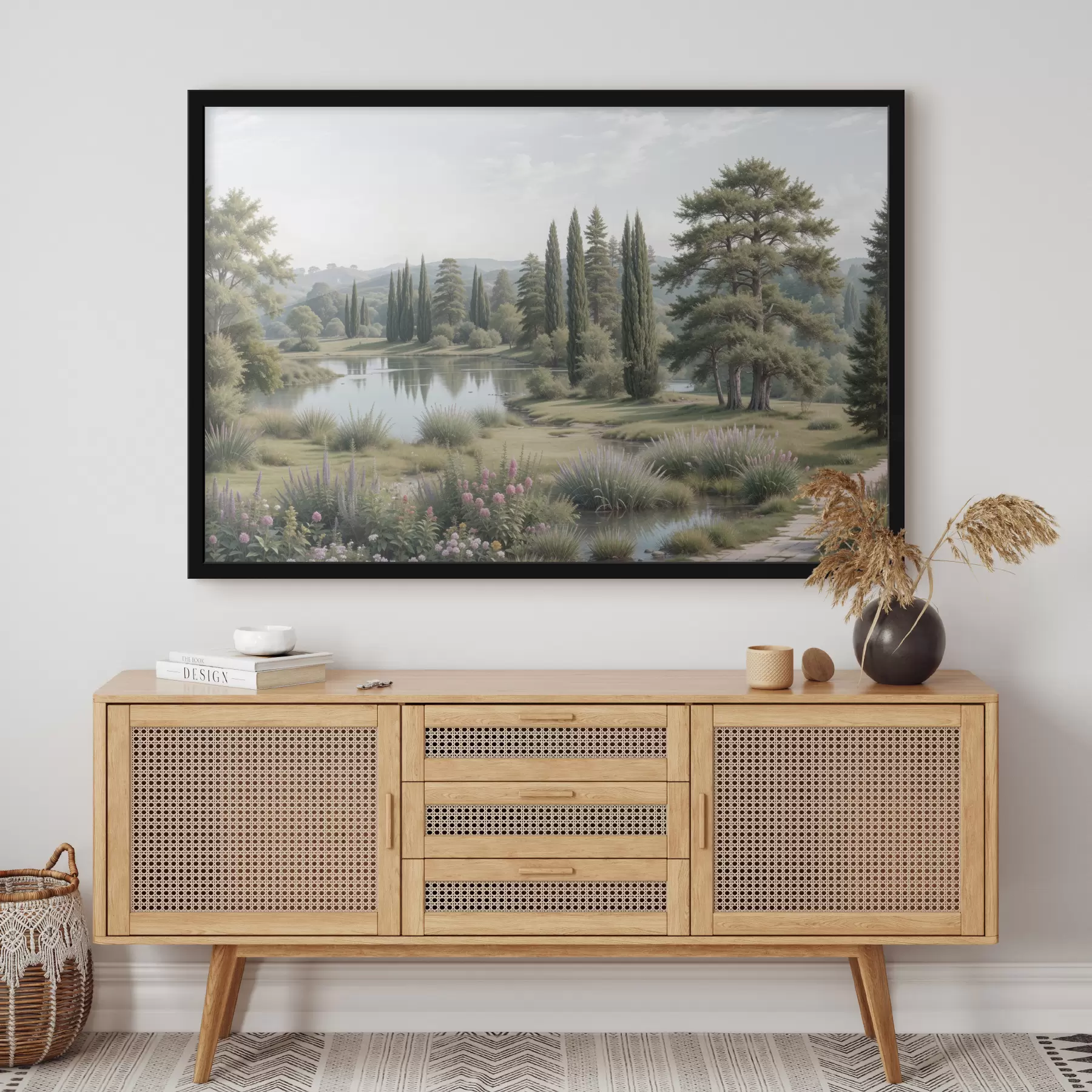 Fototapeedid Rahulik maastik rahuliku järvega, mida ümbritsevad männipuud, küpressid ja muu lopsakas taimestik f40579