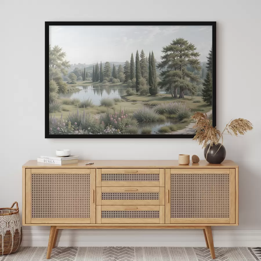 Fototapeedid Rahulik maastik rahuliku järvega, mida ümbritsevad männipuud, küpressid ja muu lopsakas taimestik f40579