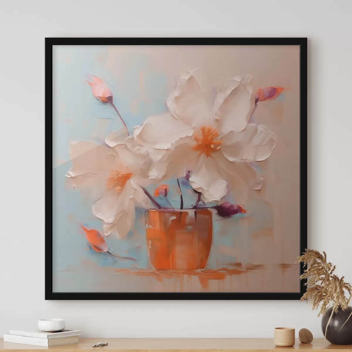 Plakat Nartsissid vaasis, valge, oranž, beež, sinine f40520
