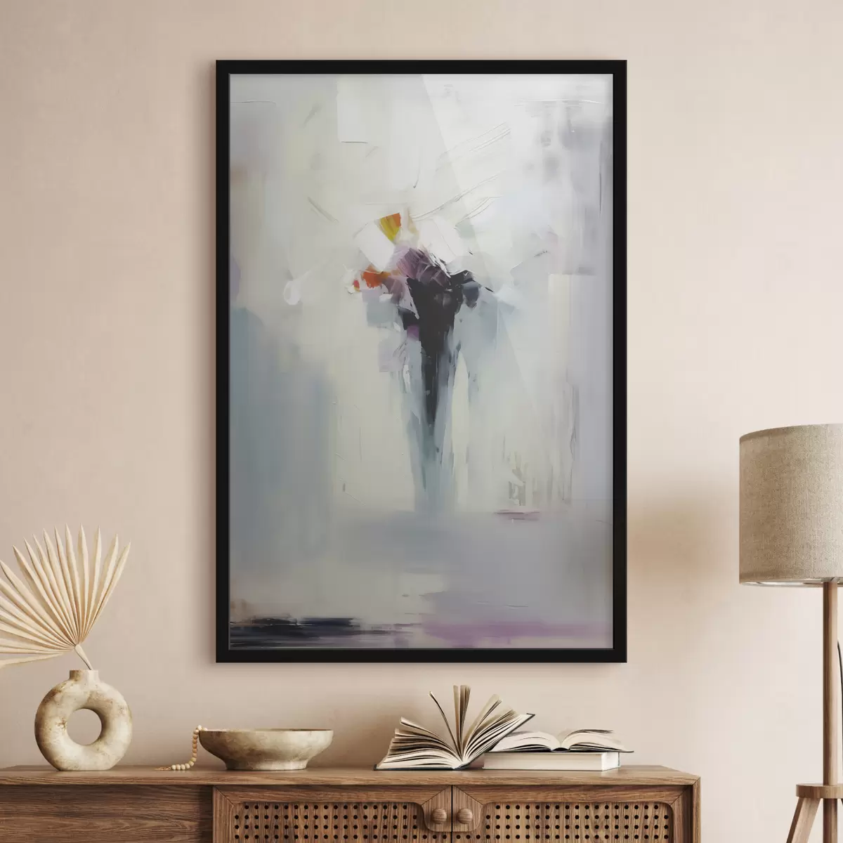 Plakat Astraalabstraktsiooni must laik valge-hallil taustal, pintslitõmmete imitatsioon f40526