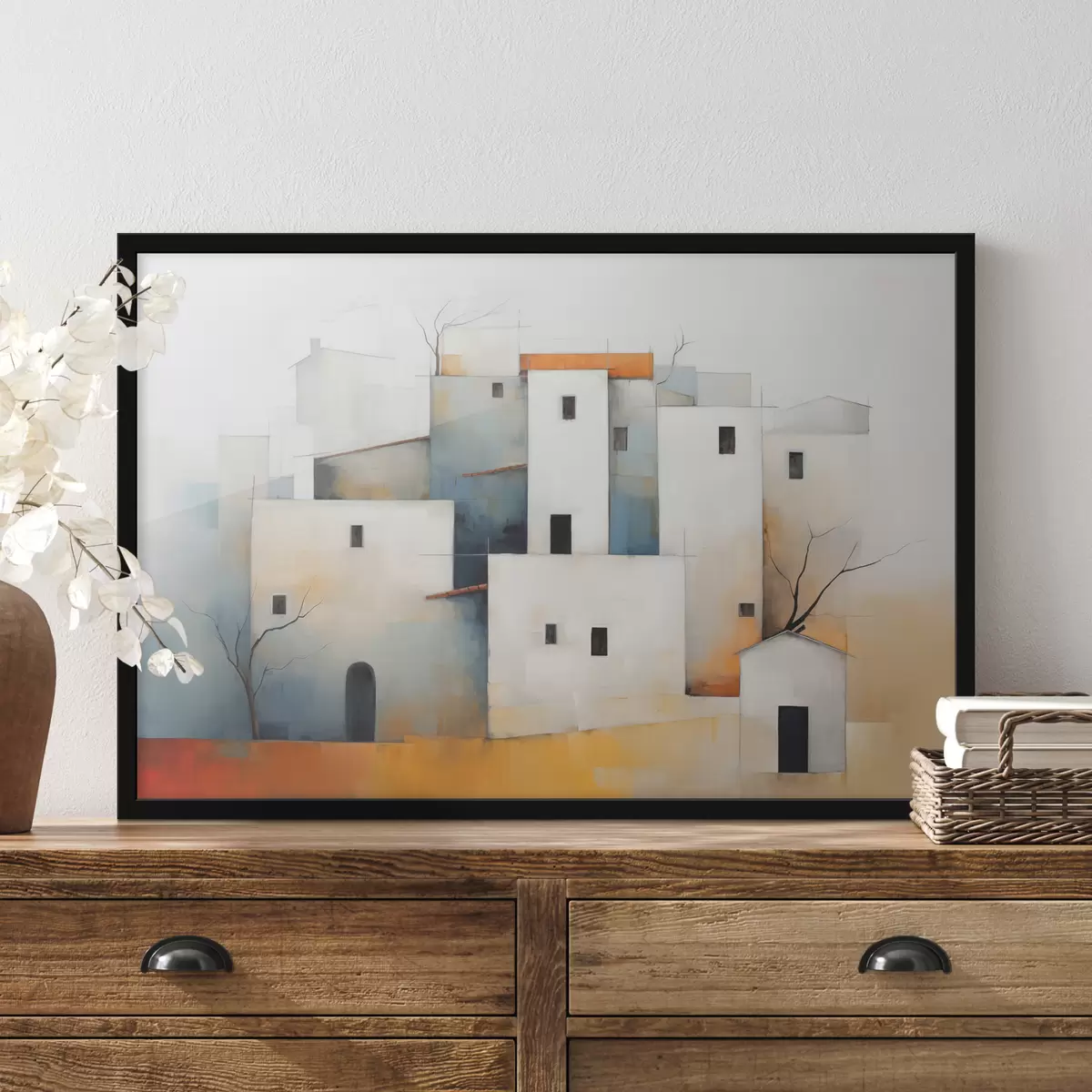 Plakat Valged stiliseeritud majad abstraktsed, punane, oranž, kollane, sinine värv f40531