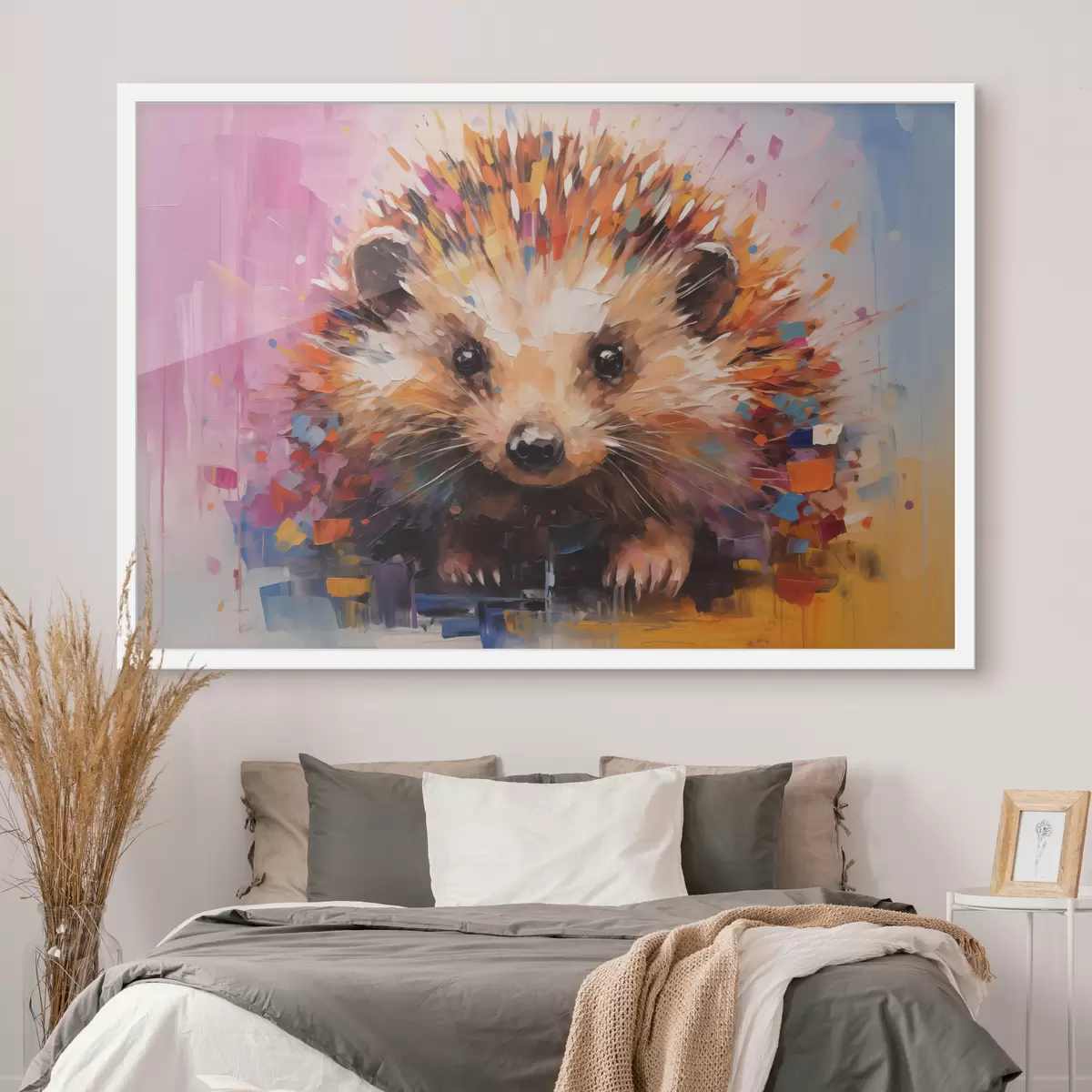 Plakat Erksates värvides, kollane, lilla, sinine, oranž, pruun, siili portree f40532