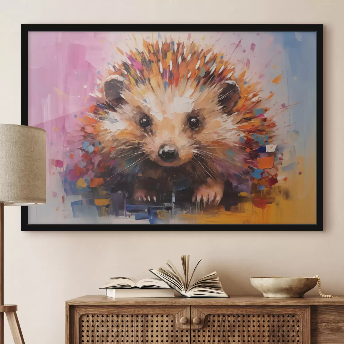 Plakat Erksates värvides, kollane, lilla, sinine, oranž, pruun, siili portree f40532