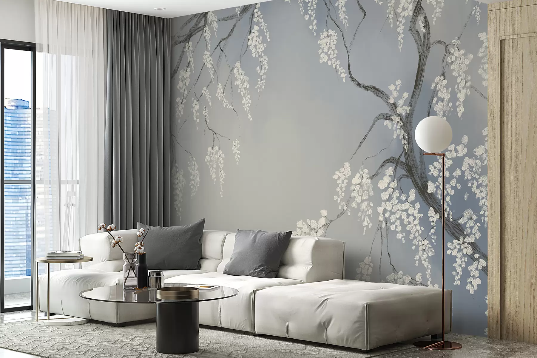 Fototapeedid Õrn valge kirsipuu sinisel taustal õitsevate okstel w08243v1