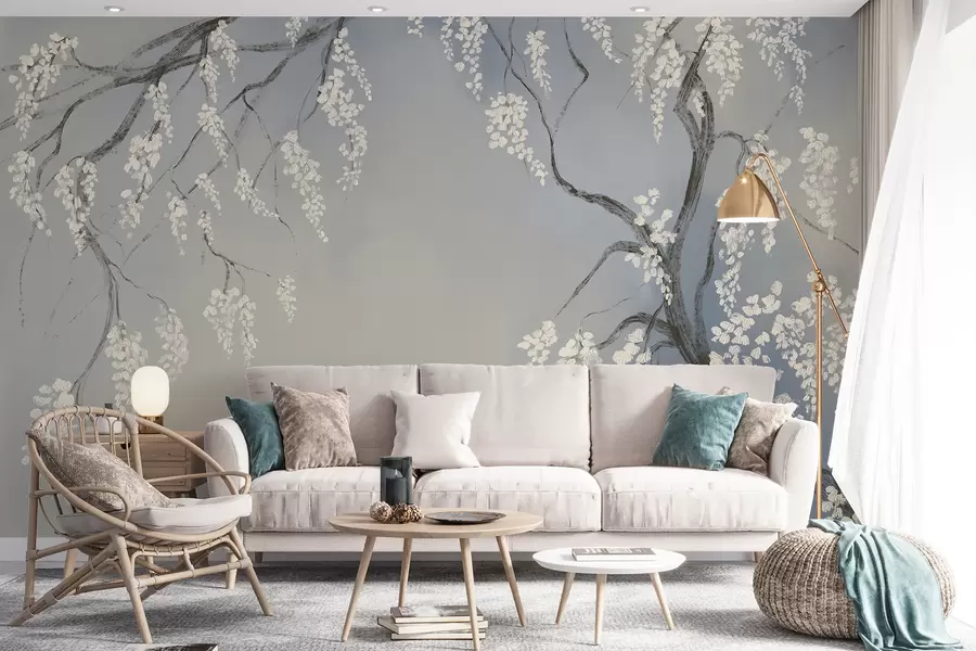 Fototapeedid Õrn valge kirsipuu sinisel taustal õitsevate okstel w08243v1