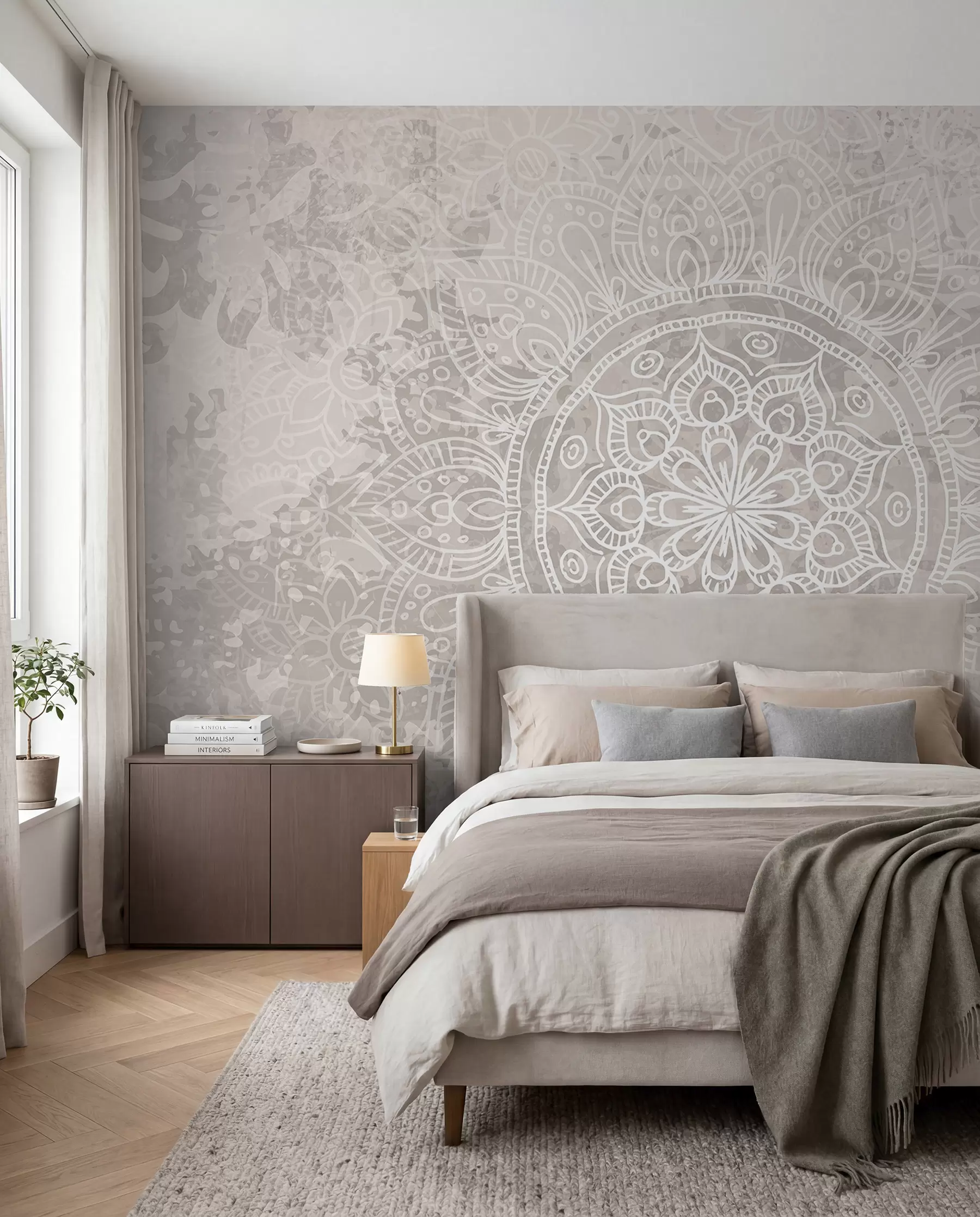 Fototapeedid Detailne valge mandala muster helehalli tekstuuriga vintage taustal w08246