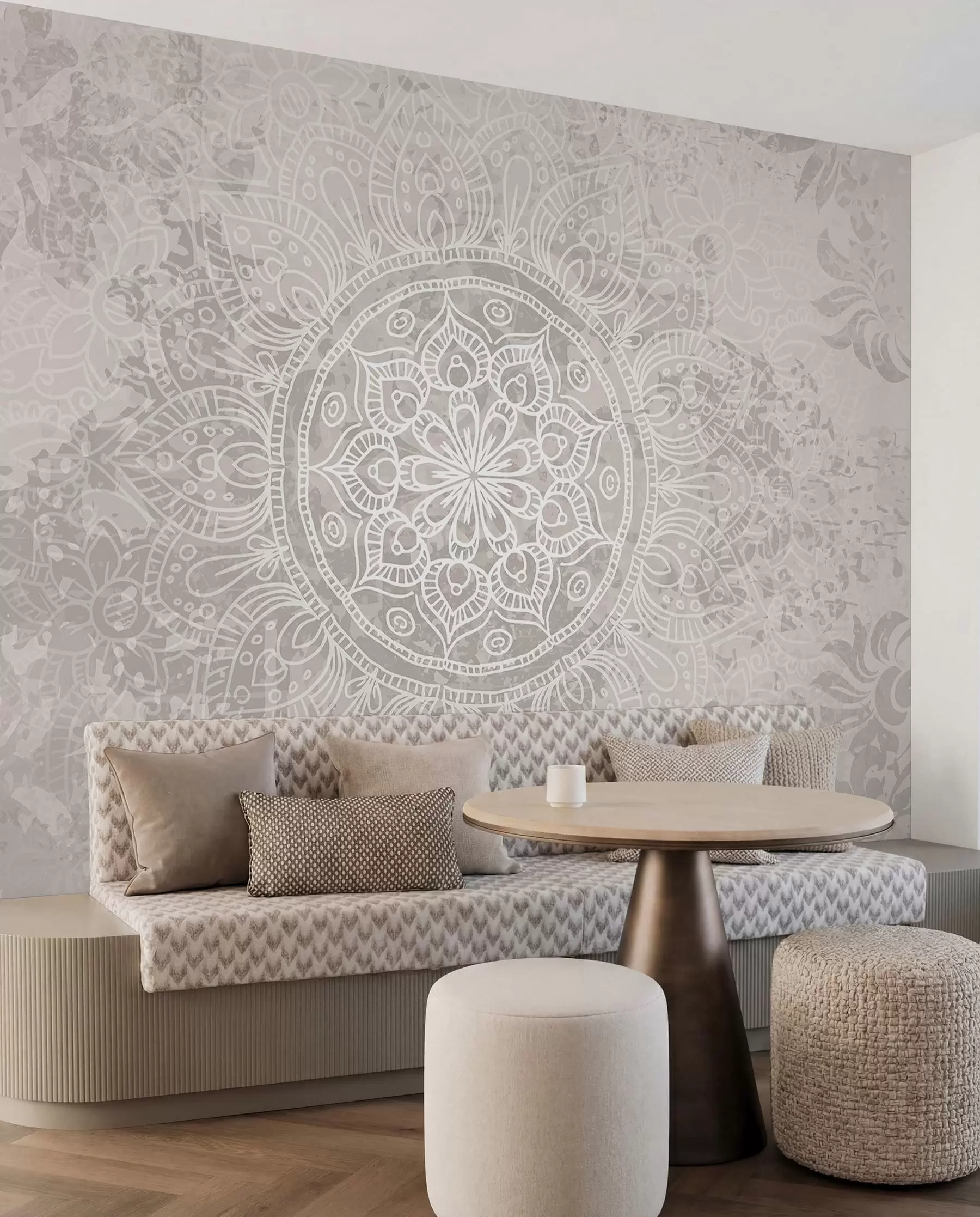 Fototapeedid Detailne valge mandala muster helehalli tekstuuriga vintage taustal w08246
