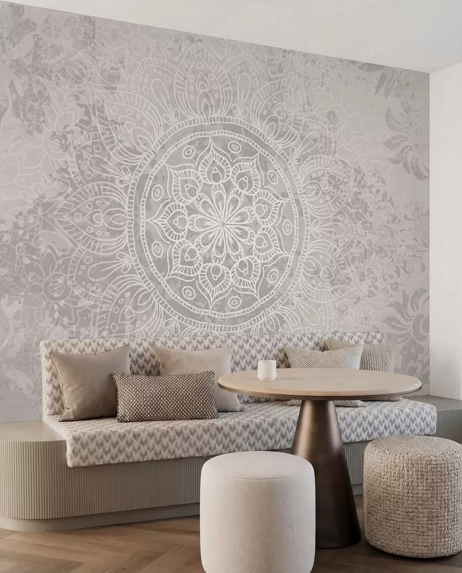 Fototapeedid Detailne valge mandala muster helehalli tekstuuriga vintage taustal w08246