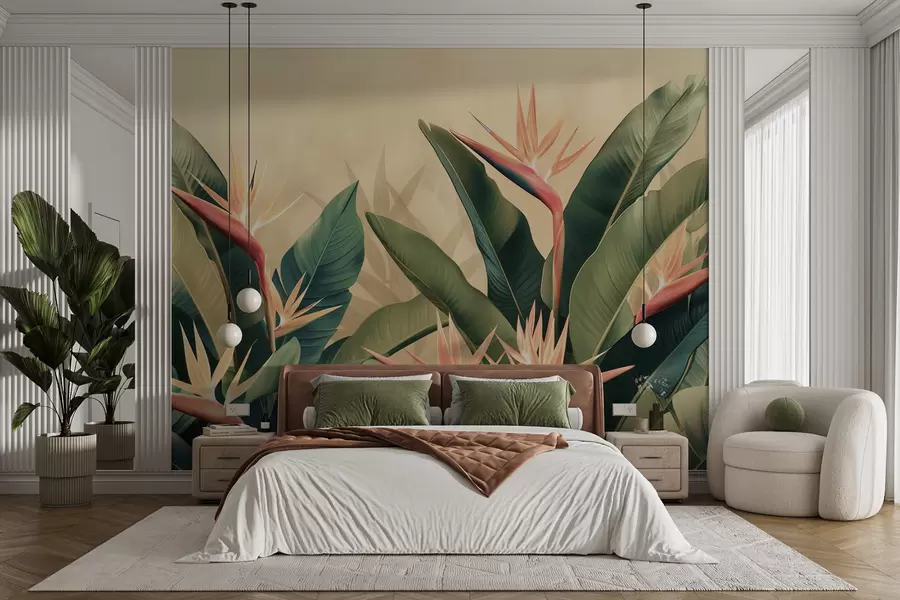 Fototapeedid Troopiliste lillede lopsakas paigutus, mida ümbritsevad suured tumerohelised lehed w01484v1